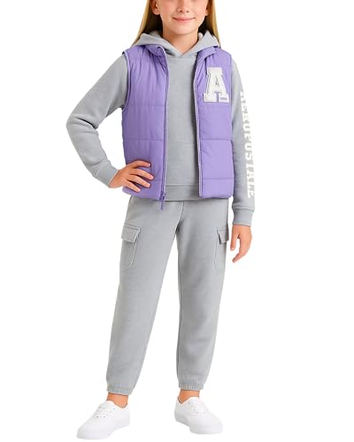 Image of AEROPOSTALE Girls Joggers Set - 3 Piece Puffer Vest, Pullover Hoodie and Cargo Jogger Sweatpants for Girls (Sizes: 4-16)
