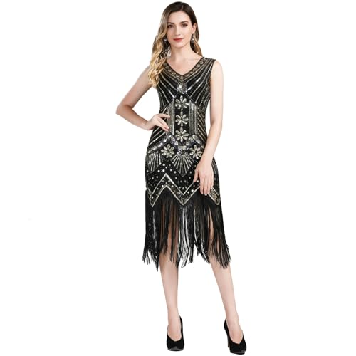 ELECLAND 1920s Flapper Dresses for Women, Fringed Sequin Great Gatsby Dress for Women Roaring 20s Costumes (Black Gold, Large)