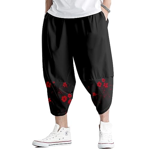 Image of DOSLAVIDA Men's Japanese Kimono Cardigan Suit Chinese Style Printed Jacket Pants Set Open Front Seven Sleeve Top & Shorts