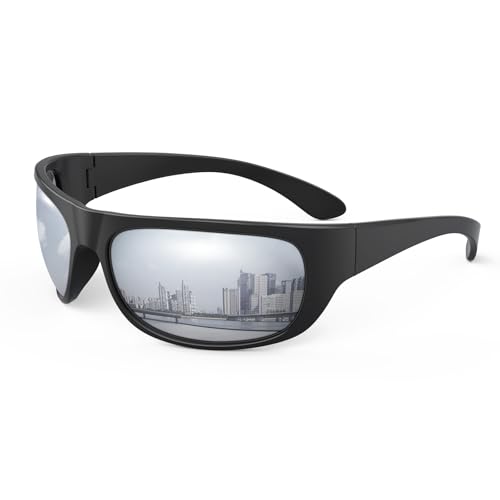 Bloomoak Super Dark Lens Black Polarized Sunglasses | Wrap Around Sport Sunglasses Unisex | UV400 | CAT 4 | For photofobia (Sensitive Eyes), Super Nero(cat 4)/Argento Specchio(l)
