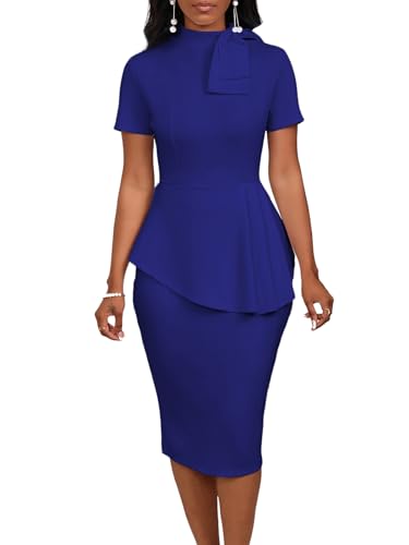Image of WanMem Women Formal Bodycon Peplum Cocktail Dress Short Sleeve Bow Ruffle Pencil Party Midi Dresses