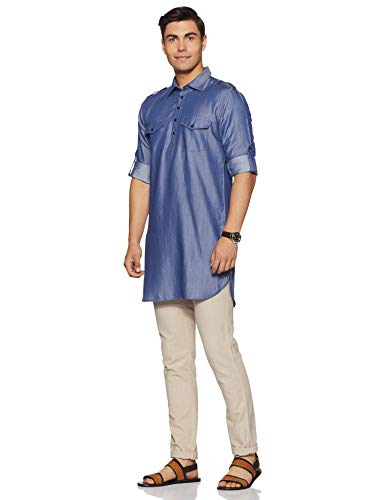 Image of Men's Cotton pathan Suit Indo Western Kurta (ICMMF04SC22L01-01 Blue Medium)