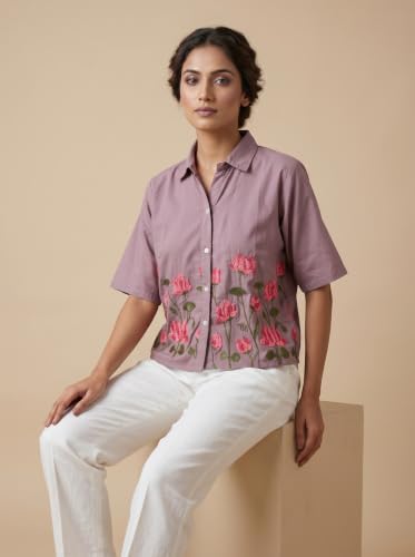 Image of Stylish Women's Embroidered Shirts | Geometric Pattern Half Sleeve Collared Button-Up Casual Shirt for Women