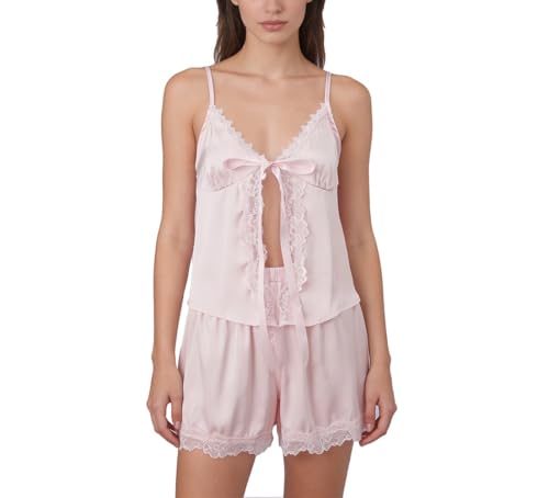 Image of ROAONOCOMO Women Lace Trim Pj Shorts Set Square Neck Coquette Tank Top Silk Satin Pajama Set Babydoll 2 Piece Shorts Outfit