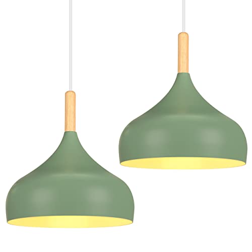 iDEGU Hängelampe Retro 24cm Hängeleuchte Moderne Skandinavisch E27 Deckenleuchte aus Metall Holz Pendelleuchte für Schlafzimmer Esszimmer Küche Wohnzimmer (Olivgrün, 2 Stücke)