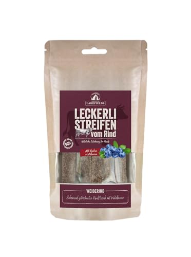 Lakefields Hundeleckerli | Trockenfleischstreifen vom Rind | 150g | 90% Rindfleisch | Getreidefreie Hunde Snacks mit Kartoffeln & Waldbeeren | Knusprige Belohnung für Zwischendurch | Ohne Zusätze