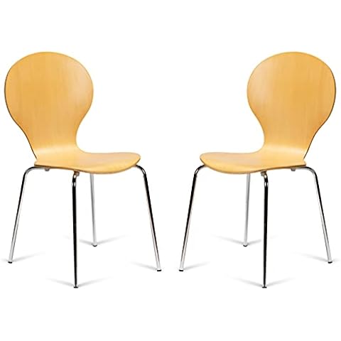 Set of 2 Beech Wood and Chrome Metal Kimberley Keeler Style Stackable Dining Chairs - Kitchen Cafe Bistro Style Bentwood Stacking Chairs Cover