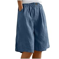 Pantaloncini da Donna, Estivi, Corti, Lunghezza al Ginocchio ed Elasticizzati in Vita, in Cotone e Lino, Stile Informale Casual, per la Spiaggia e Il Tempo Libero, Larghi, Tipo Bermuda (A1-Blu, XL)