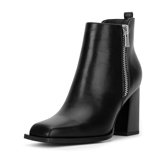 Women's Chunky High Heel Ankle Boots Side Zipper Square Toe Dress Booties