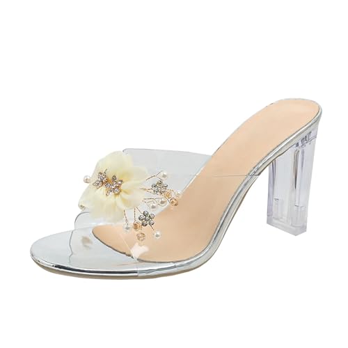 BOTCAM Zapatos de tacón alto para mujer, sandalias cómodas de cristal, zapatillas de casa con tacón grueso, sandalias transparentes para mujer, zapatos de playa con plataforma, beige, 37 EU
