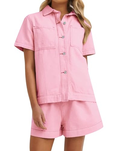 Image of Kedera Summer Denim Set for Women 2 piece Casual Short Sleeve Boxy Shirt Tops and Shorts Pants Lounge Sets Outfits