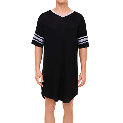 Lu's Chic Men's V Neck Nightgown Short Sleeve Nightshirt Soft Sleepshirt Striped Pajama Top Sleep Shirt Night Summer Gown Sleepwear Knee Length Black X-Large #TOP5