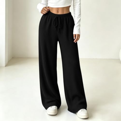 Womens Pinstripe Wide Leg Pants High Rise Elastic Waist Drawstring Trousers - image 3
