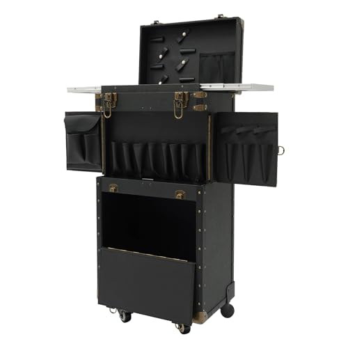 ZBXGJKSY Rolling Lockable Makeup Train Case, Hairdressing Tool Organiser with Wheels Stylist Beauty Salon Cosmetic Luggage Travel with Hairdryer Holder Clipper Trimmer Box