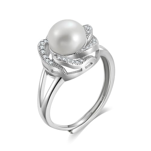 la luen Real Pearl Ring,Natural Freshwater Adjustable Open Pearl Ring Bridesmaid Wedding Bride Handmade Jewelry Gifts for Women Everyday Wear (Silver)