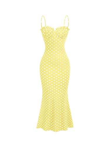 Milumia Women's Polka Dots Frill Trim Cami Dress Elegant Ruched Bust Fishtail Maxi Dresses Light Yellow Medium