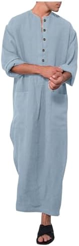 Kaftan Thobe Mens Short Sleeve V-Neck Linen Robe Big And Tall Muslim Robe Casual Loose Lightweight Long Sleeping Gown