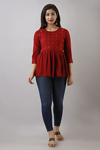 Image of Shiva FAB Women's Rayon Embroidered Regular Fit Tops Black (X-Large, Maroon EMB)