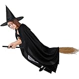 3 Pieces Halloween Witch Costume, Witch Broomstick Hooded Cloak Cape Wizard Hat for Kids Halloween Witch Hat Cape Wizard Cosplay Robe Vampire Costume for Halloween Party Men Women Children
