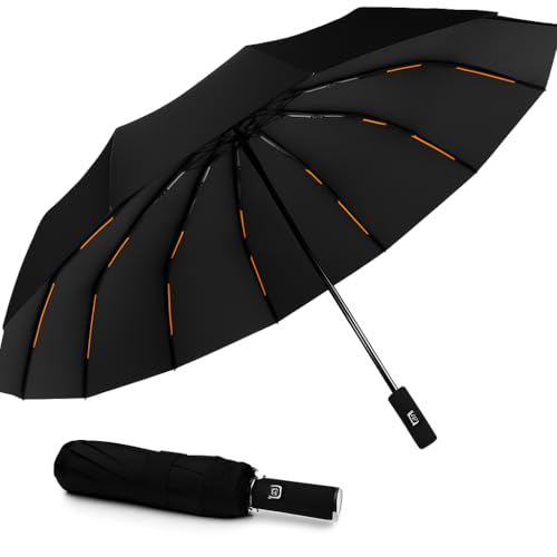 Image of FLYNGO 12 Strong Ribs Reinforced Windproof Umbrella for Rain Big Size, 3-Fold Auto Open /Close Travel Umbrella for Sun Protection