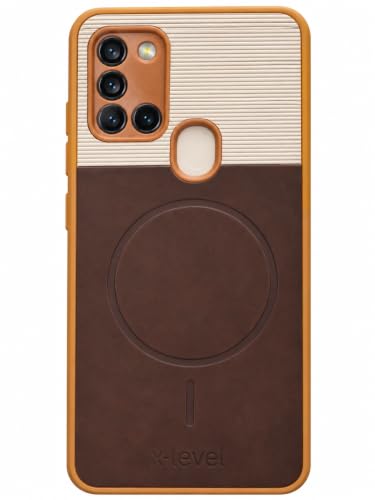 Image of Bintage Mac Safe Design Hard Slim Back Case | Soft Border Camera Protect | Dual PU Leather Finish Back Cover Compatible for Samsung Galaxy A21s 4G - White & Cherry Brown