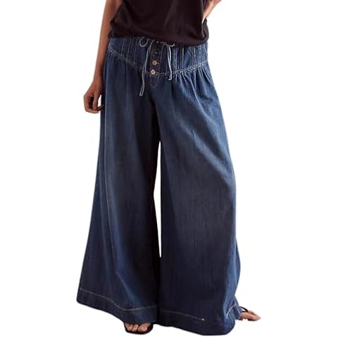 CHARTOU Women's Baggy Wide Leg Denim Pants Drawstring Midi Waisted Flare Jeans Ruffle Pleated Button Jeans (Medium,Dark Blue) Cover
