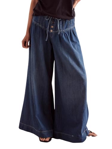 CHARTOU Women's Baggy Wide Leg Denim Pants Drawstring Midi Waisted Flare Jeans Ruffle Pleated Button Jeans