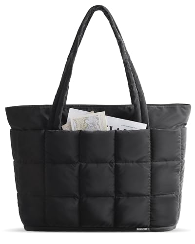 BAGSMART Expandable Tote Bag for Women, Puffer Work Tote Handbag, Quilted Carry On Bag for Travel Gym, Black, Large