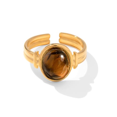 Oval Natural Stone Statement Ring for Women Gold-Toned Titanium Steel Retro Stone Adjustable Open Band Wrap Finger Rings Comfirm Fit Boho Vintage Geometric Wedding Engagement Jewelry (Brown Stone)