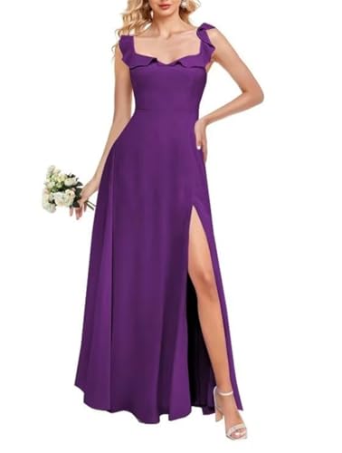 Vestidos de dama de honor de gasa para mujer, acampanado, cuello cuadrado, volantes, vestido de noche formal con abertura, morado, 34