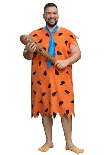 Big and Tall Halloween Costumes 3 Mainfini 3 Pcs Extra Big and Tall Caveman Cave Man Full Set Costume for Plus Size Adult Men Family Outfit with Classic Tunic Inflatable Bat Tie Prehistoric Group Halloween Party 5XL