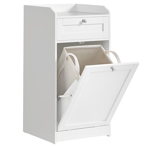 VASAGLE Mobile Portabiancheria per Bagno, Mobiletto Bagno con 1 Cassetto e 1 Cesto Portabiancheria, Sacco Interno Rimovibile con Maniglie, 40 x 40 x 80,2 cm, Bianco Nuvola BBC741W01