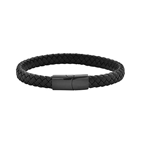 Geoffrey Beene Men's Braided Genuine Leather Bracelet With Stainless Steel Magnetic Closure, Black #TOP1