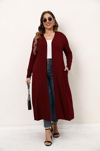 Image of Women Plus Size Floor Length Open Front Drape Cardigan Lightweight Long Sleeve Maxi Duster with Pockets 1X-5X