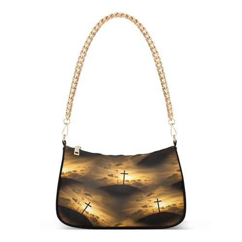 Zipper Ladies Shoulder Bag Sunset Clouds Crucifix Golden Medium Handbag Tote Artistic Womens Small Hobo Purse with Chain Strap