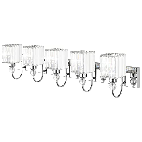 Image of Ralbay Chrome Crystal Vanity Lights 5-Lights 40'' Modern Crystal Bathroom Light Fixtures Modern Crystal Vanity Lighting Over Long Mirror Bathroom Wall Lighting Fixtures