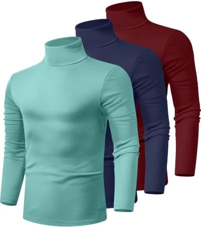 Ficerd 3 Pack Men's Turtleneck Cotton Shirts,X-Large,Blue Green, Autumn Leaf Red, Dark Blue