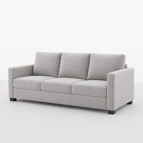 Image of FURNY Haster 3 Seater + 2 Seater Fabric Sofa Set with 1 Ottoman (Light Grey) with Velvet Finish | Durable Comfort | Ideal for Living Room