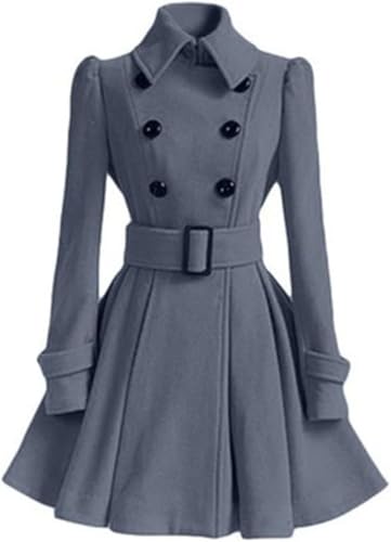 Juankrynord Abrigo de mujer de invierno de moda casual irregular Solapa de doble botonadura gruesa A-line guisante abrigo con cinturón Ligero abrigo de doble botonadura trinchera Slim fit (Gris,XXL)