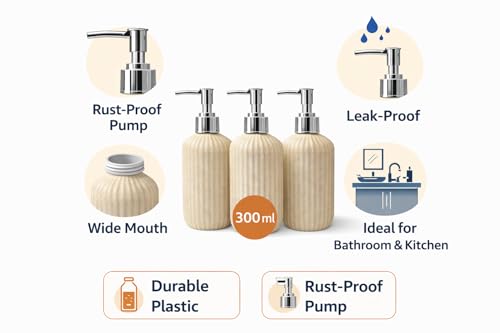 Image of LAGET 300ml Soap Dispenser for Wash Basin - Plane Ribbed Design | Kitchen and Bathroom Accessories Items | Refillable Handwash Dispenser Bottle- Set of 3 (Peach)