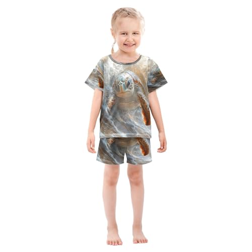 ALAZA Sea Turtle Ocean Wave Pajamas Set Short Sleeve Cotton Sleepwear Summer Pjs 2 Piece 5-14Y3