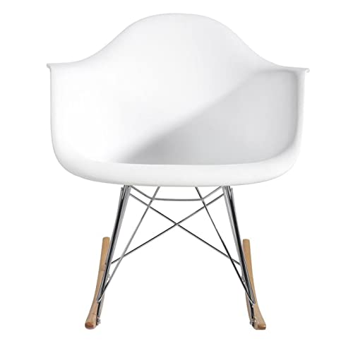 Chrome & Wood Base Rocking Chair, Modern Rocking Chair With Molded Plastic Armchair Shell And Wooden Rocker Legs, Variety Of Colors To Beautify Any Room (White) #TOP4