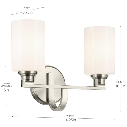 Image of Kichler Gioe 14.25 inch 2-Light Vanity Light with Opal Glass in Brushed Nickel, Damp Rated, for Bathroom, Powder Room, Over a Mirror, (14.25 inch W x 10.5 inch H), 55225NI