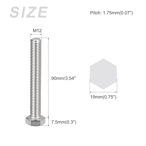 Image of METALLIXITY Hex Bolts (M12-1.75x90mm) 4Pcs, 304 Stainless Steel Coarse Fully Threaded Hex Head Screw Bolt Machine Screws - for Furniture Repair, Silver