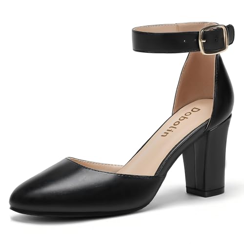 Image of 3 Inch Wide Width Chunky Heels for Women Closed Toe Heels Dress Shoes for Womens Round Pumps Ankle Strap Block Heel Bridesmaid Wedding Prom Party Comfortable (Check Size Chart Before Select)