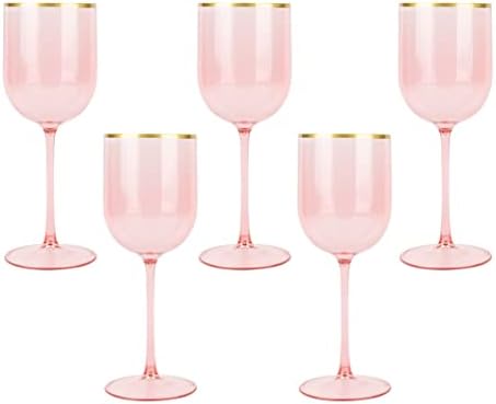 Pink Wine Cup with Gold rim Plastic Wine Glasses Set of 5 Elegant Wine Goblets Hard Plastic Wine Cups on Stem 12 Ounce