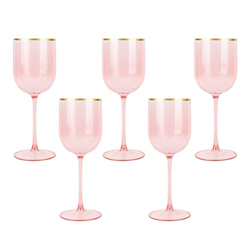 Pink Wine Cup With Gold Rim Plastic Wine Glasses Set Of 5 Elegant Wine Goblets Hard Plastic Wine Cups On Stem 12 Ounce #TOP2