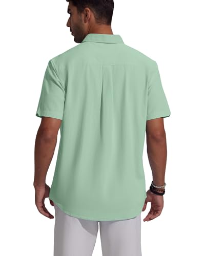 Friptspyg Leinenhemd Herren Hemd Kruzarm Baumwolle Leinen Hemden Regular Fit Freizeithemden Sommer Kurzarmhemd Casual Strandhemd mit Tasche, Mintgrün XL 4