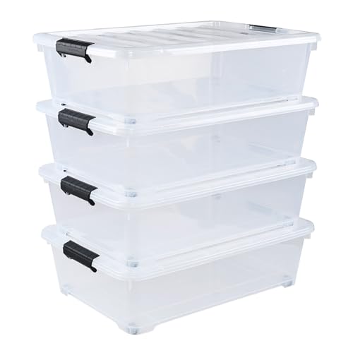 Bringer 4-Packs Plastic Under Bed Storage Bins with Wheels, 25 L | Closet Organizers and Clothes Storage Boxes, Secure Black Locking Latches, Low-Profile Under-Bed Design