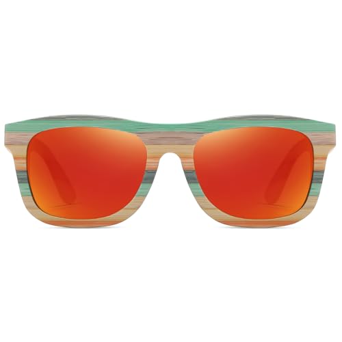 Colored Bamboo Sunglasses｜Wooden Polarized Sunglasses ｜for men and women｜Bamboo Glasses (1728-Red)